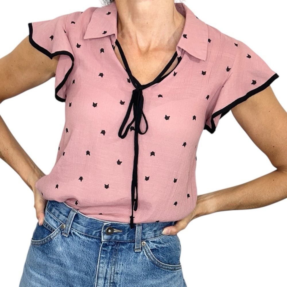 Sweet Wanderer rose pink black cat print tie neck ruffle sleeve top blouse S